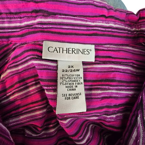 Catherines Womens 2X 22/24W Purple Pink Silver Striped Button-Up Shirt JJ4061 - Picture 5 of 9